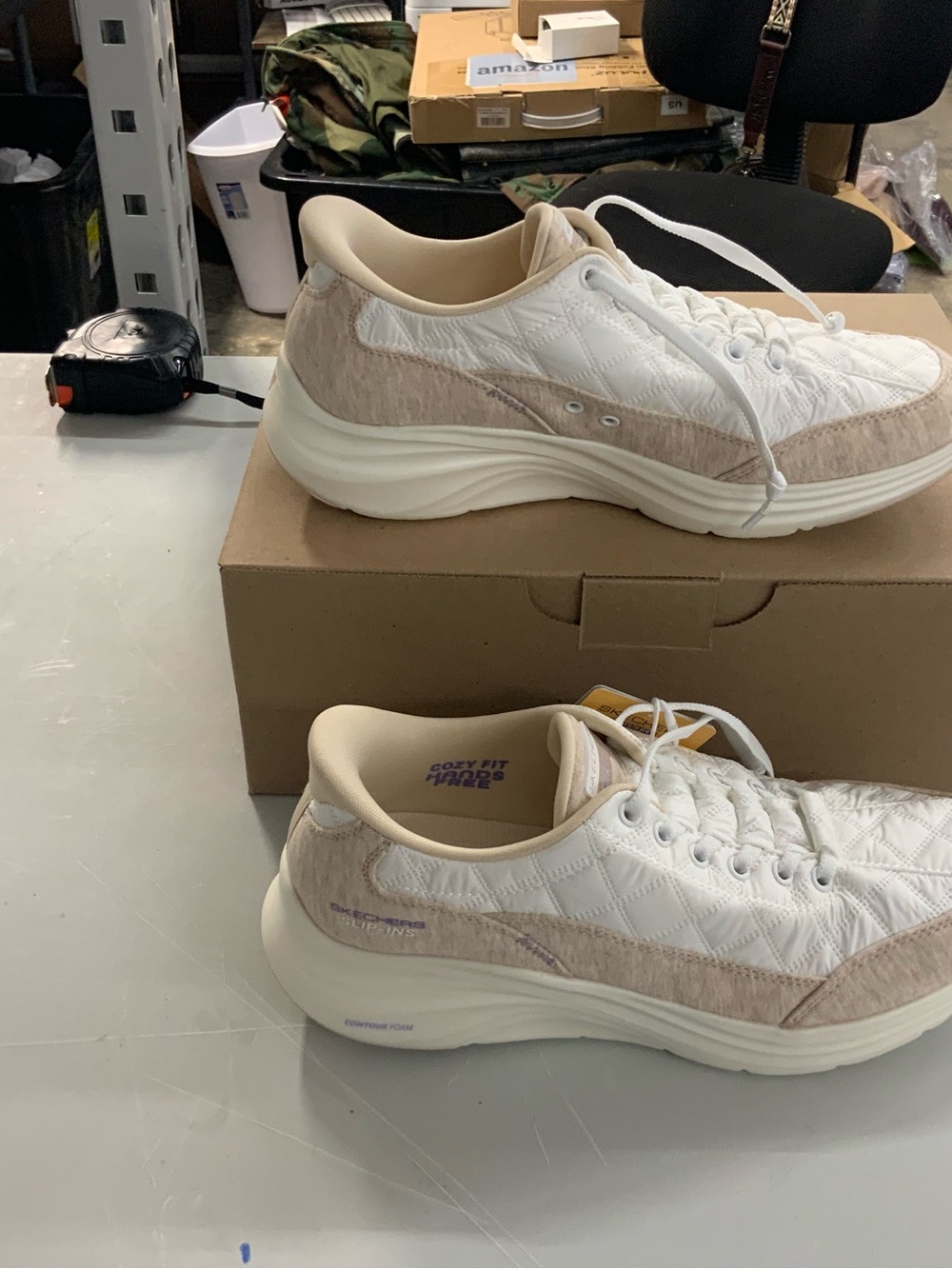 Skechers Women’s Quilted Cream & Tan Slip-In Comfort Sneakers - Picture 2 of 5